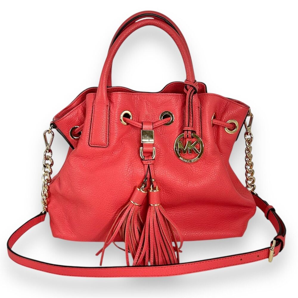 MICHAEL KORS Camden Satchel Crossbody Bag Coral Salmon Pink Leather Gold